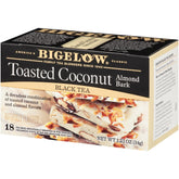 Bigelow Tea caja frontal de Toasted Coconut Almond Bark mostrando 36 bolsitas y beneficios