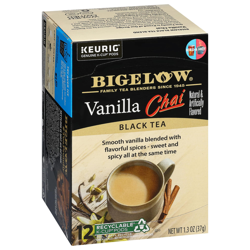 Bigelow Tea frente del empaque mostrando la mezcla vainilla chai y conveniencia
