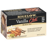 Bigelow caja frontal con Vanilla Chai mostrando paquete de 20 bolsitas, conveniencia y sabor