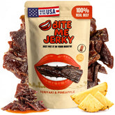 BITE ME JERKY empaque frontal mostrando teriyaki y piña, práctico y sabroso