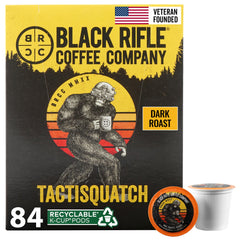 Black Rifle Coffee paquete frontal mostrando 84 K-Cups y conveniencia diaria