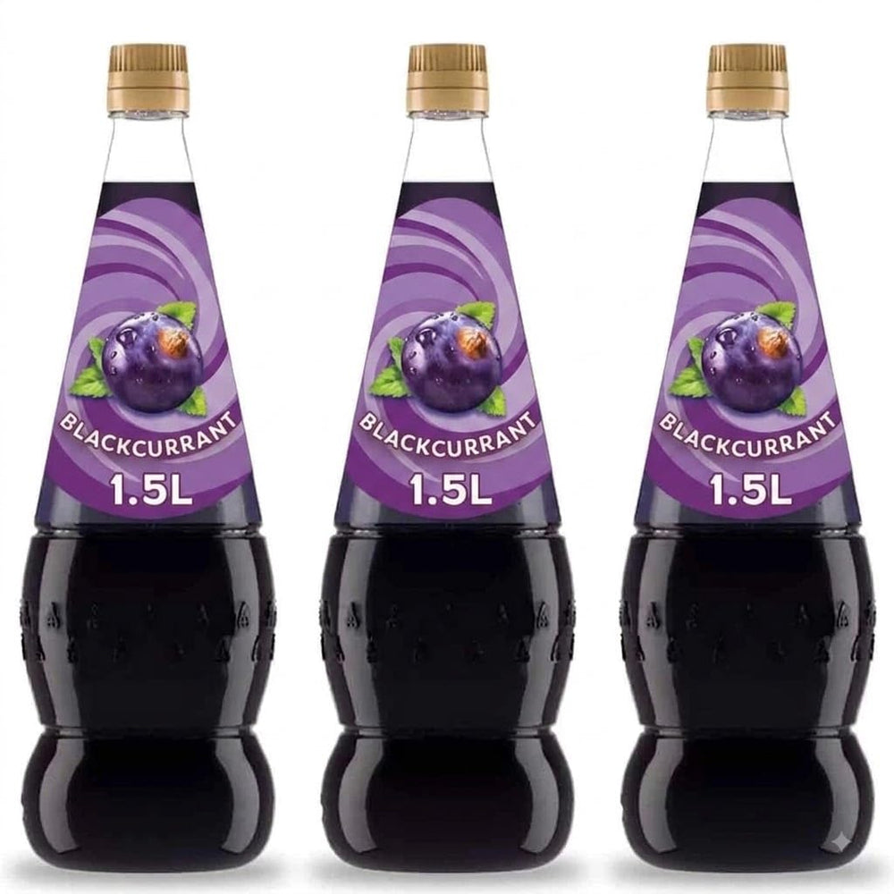 Generic Blackcurrant Concentrate vista frontal del pack de tres, ahorro y sabor intenso