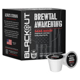 Blackout Coffee empaque frontal que muestra intensidad y cuenta de 18 cápsulas