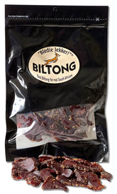 Bledie Lekker biltong lonchas frente muestra empaque práctico y listo para consumir