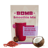 Blender Bombs Get Up & Goji vista frontal del paquete y ración mostrando conveniencia