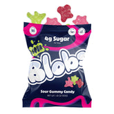 Blobs paquete delantero mezcla de frutas mostrando diseño y ventaja baja en azúcar