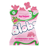 Blobs frontal del empaque con sabor sandía-lichi, muestra diseño y beneficios