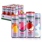 Bloom Nutrition pack frontal mostrando 12 latas y beneficios sin azúcar