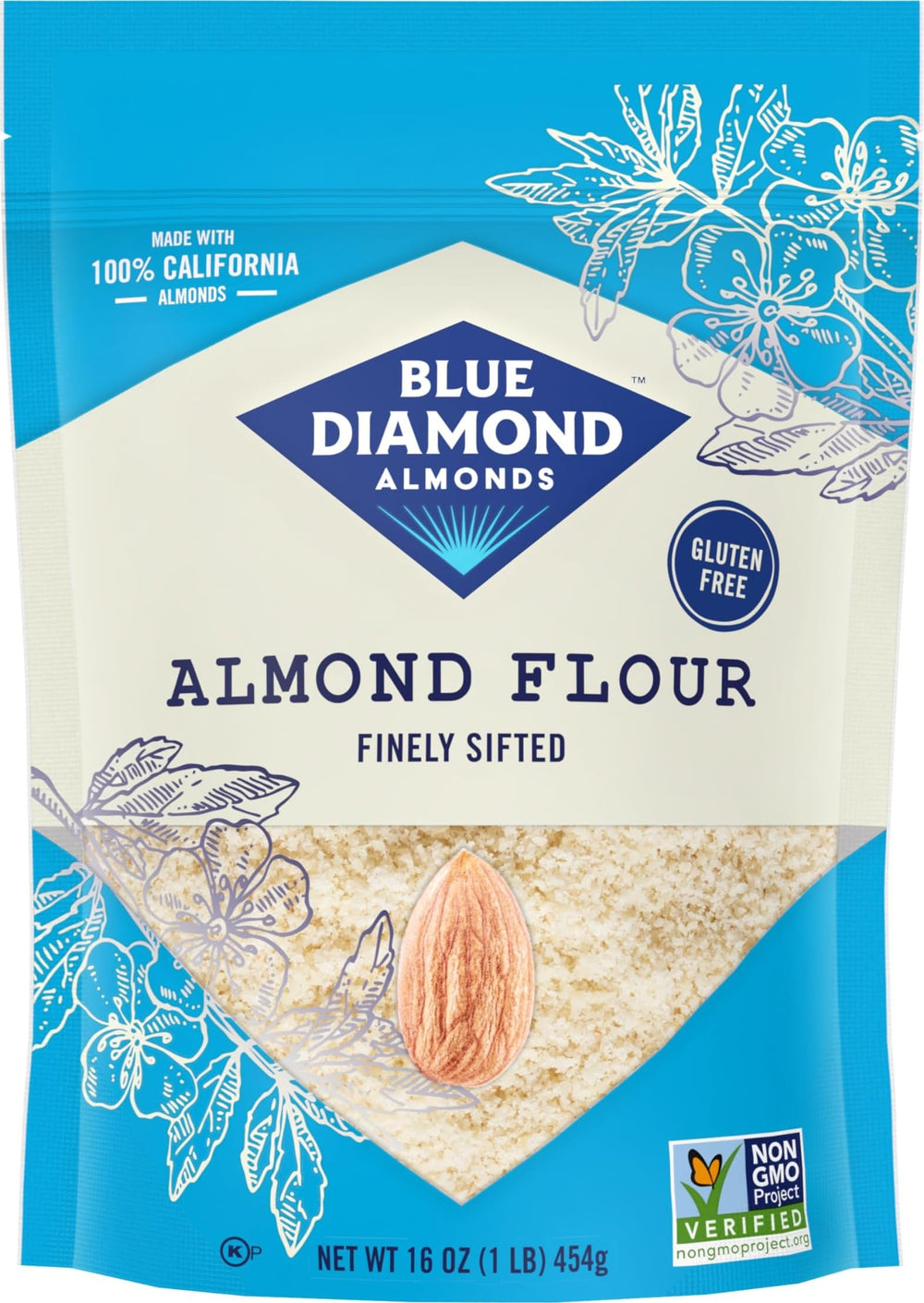 Blue Diamond Almonds paquete frontal mostrando 1 lb y sin gluten, facilita almacenamiento