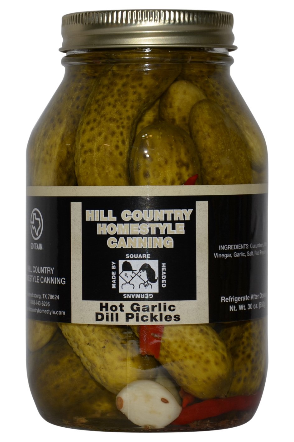 Bluebonnet Creek Farms frasco frontal 32 oz mostrando pepinillos y etiqueta clara, ideal para regalos