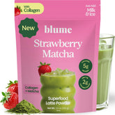 Blume envase frontal del Iced Strawberry Matcha Latte mostrando diseño veraniego y beneficio refrescante