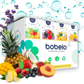 Bobelo empaque frontal mostrando 40 sobres y variedad de sabores, hidratación práctica