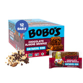 Bobo's frente del empaque Chocolate Almond Brownie mostrando el sello sin gluten y beneficio práctico