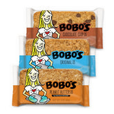Bobo's frente del paquete variedad 12 unidades mostrando sabores y sello vegano
