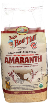Bob's Red Mill empaque frontal de amaranto orgánico mostrando tamaño y marca