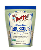 Bob's Red Mill paquete frontal que muestra couscous tricolor y beneficios visuales