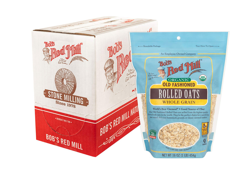 Bob's Red Mill paquete frontal azul mostrando avena orgánica, claridad en la etiqueta y confianza