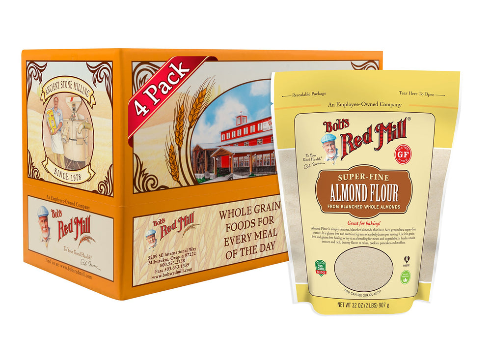 Bob's Red Mill paquete frontal de harina de almendra ofreciendo confianza sin gluten