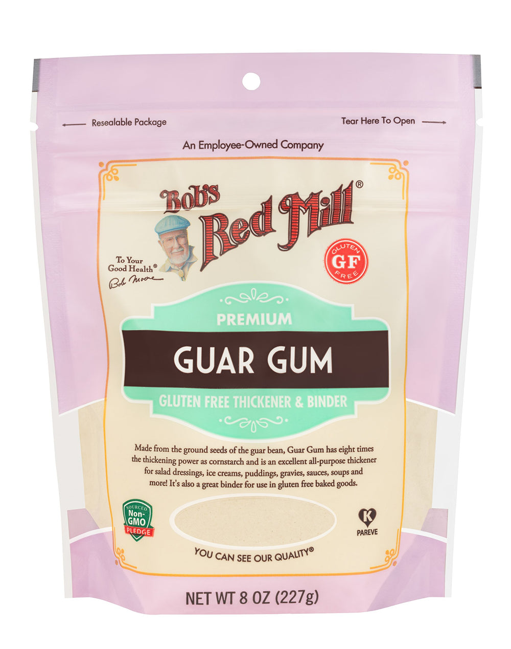 Bob's Red Mill frente del envase de goma de guar 8 oz mostrando presentación y beneficio de conveniencia