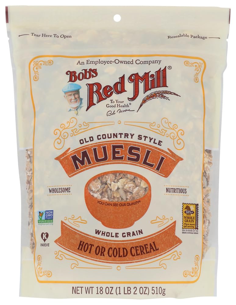 Bob's Red Mill muesli vista frontal del empaque mostrando la marca y el tamaño