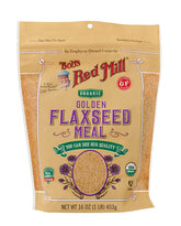 Bob's Red Mill paquete frontal de harina de linaza dorada mostrando tamaño y marca, útil para comprar