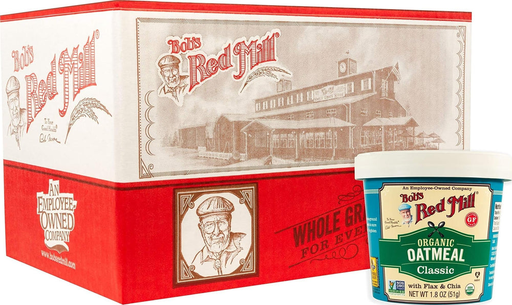 Bob's Red Mill taza frontal mostrando etiqueta y porción lista