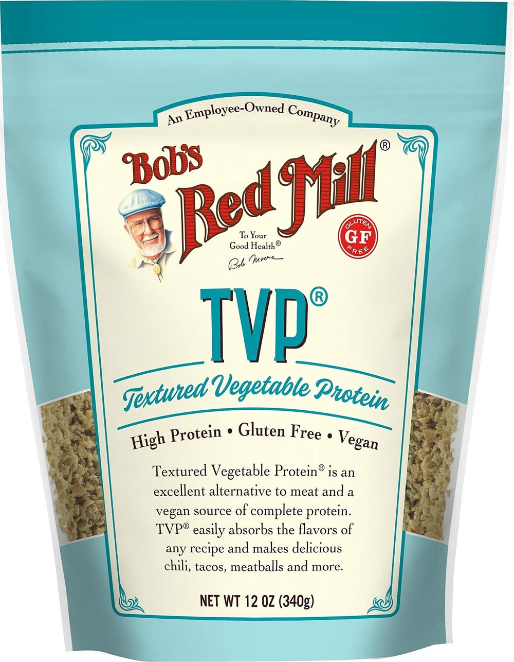 Bob's Red Mill paquete frontal de TVP mostrando marca y peso útil para planificar compras