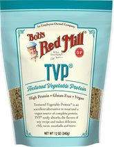 Bob's Red Mill paquete frontal de TVP mostrando marca y peso útil para planificar compras