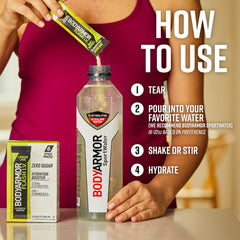 BODYARMOR polvo en primer plano mostrando textura y mezcla sin grumos