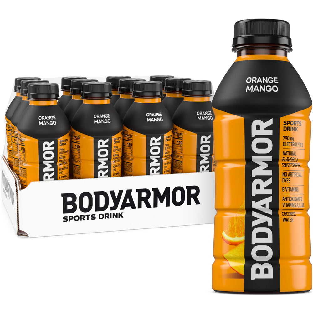 BODYARMOR botella frontal Orange Mango beneficiando hidratación natural