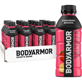 BODYARMOR pack de 12 botellas fresa plátano mostrando el frente y diseño atractivo