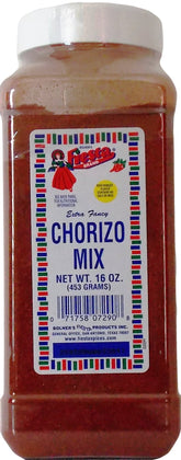 Bolner's Fiesta frasco frontal de 16 oz con mezcla para chorizo sin sal, presentación clara y uso práctico