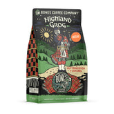 Bones Coffee bolsa frontal Highland Grog mostrando sello y aroma