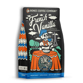 Bones Coffee Company frente del empaque mostrando bolsa resellable y aroma vainilla