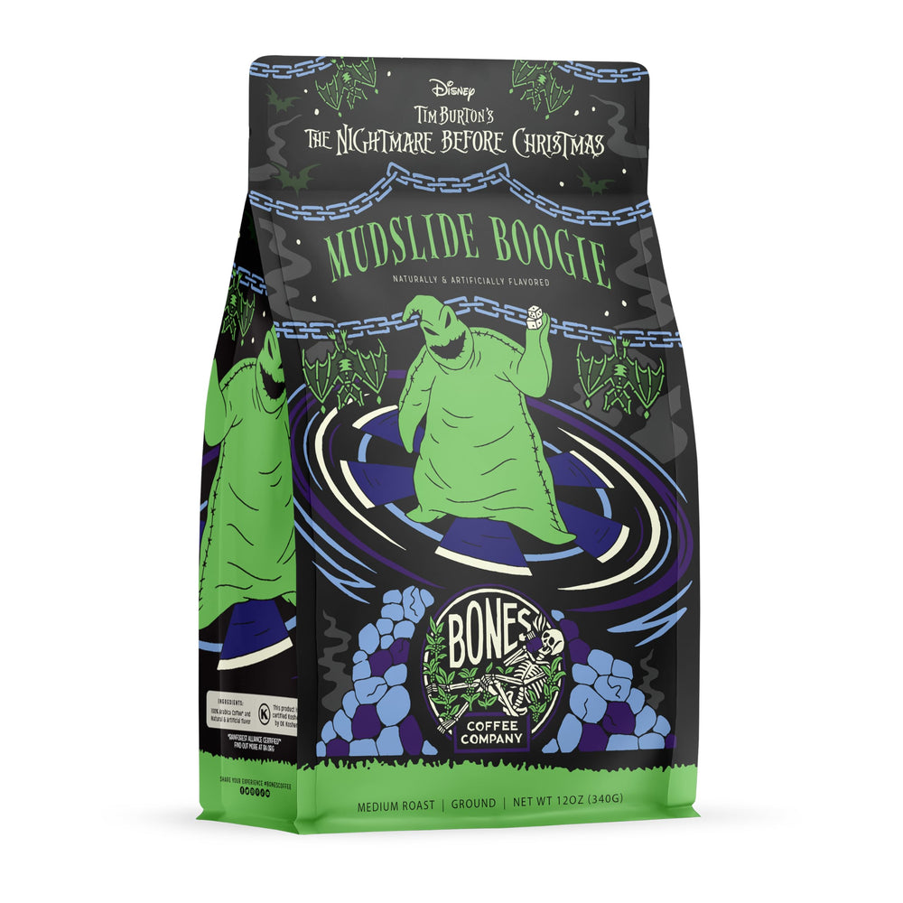 Bones Coffee frente del paquete mostrando diseño y tamaño