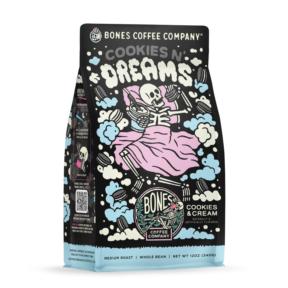 Bones Coffee Company frente del empaque mostrando sabor y beneficio de frescura