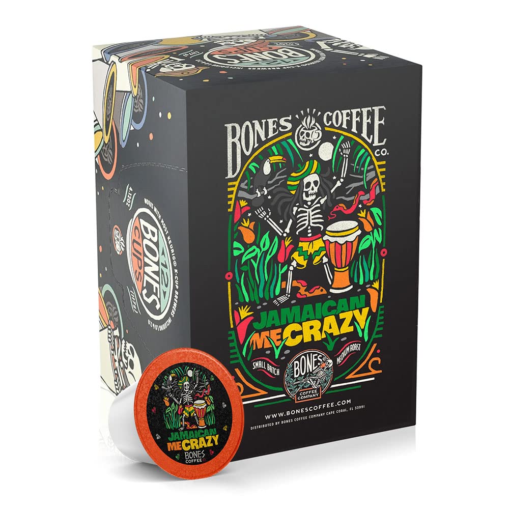 Bones Coffee Company frontal del paquete Jamaican Me Crazy mostrando diseño atractivo