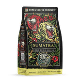 Bones Coffee Company paquete frontal mostrando origen Sumatra y beneficio de tueste oscuro