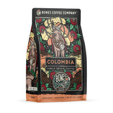 Bones Coffee Company paquete Colombia frente mostrando sello de origen y beneficio de frescura