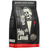 Bones Coffee Company empaque frontal que muestra sabor cannoli y beneficio frescura