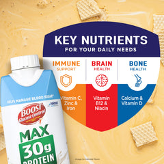 BOOST etiqueta nutricional con 30 g proteína y 6 g carbohidratos resaltados