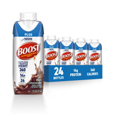BOOST Plus vista frontal del empaque mostrando sabor Rich Chocolate y calorías