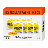 BRAMI pack frontal mostrando altramuces Garlic & Rosemary, snack proteico portátil