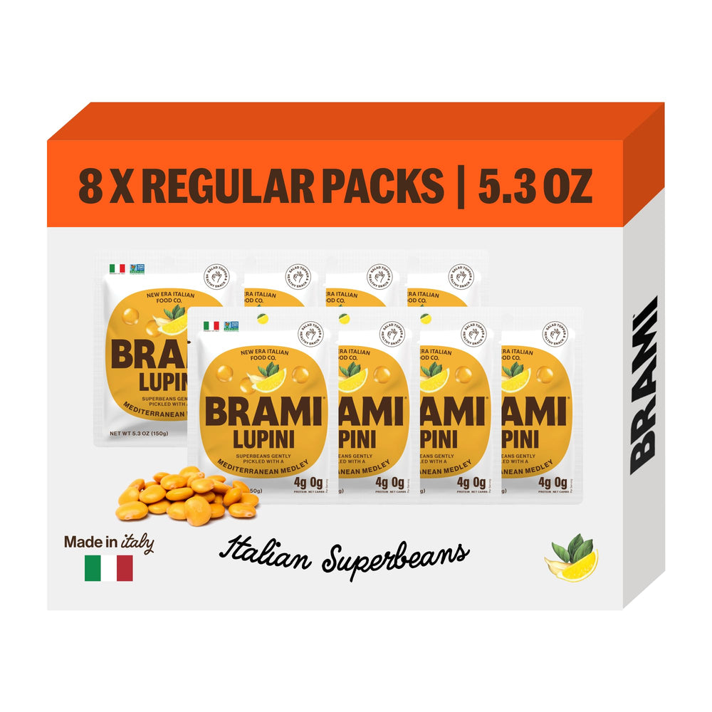 BRAMI empaque frontal mostrando lupini listos para comer y conveniencia