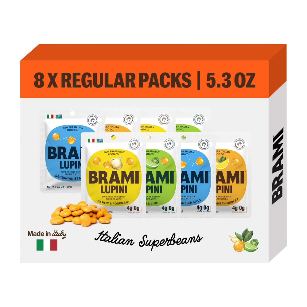 BRAMI frente del envase con cuatro sabores, visual apetitoso y práctico