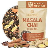 BREWIX paquete frontal de Masala Chai mostrando envase resellable y beneficio frescura