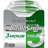 Breath Savers lata frontal mostrando diseño y conveniencia de transporte