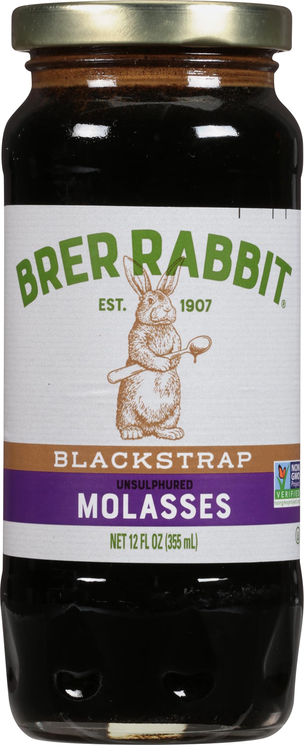 Brer Rabbit frasco frontal mostrando etiqueta clara y contenido oscuro
