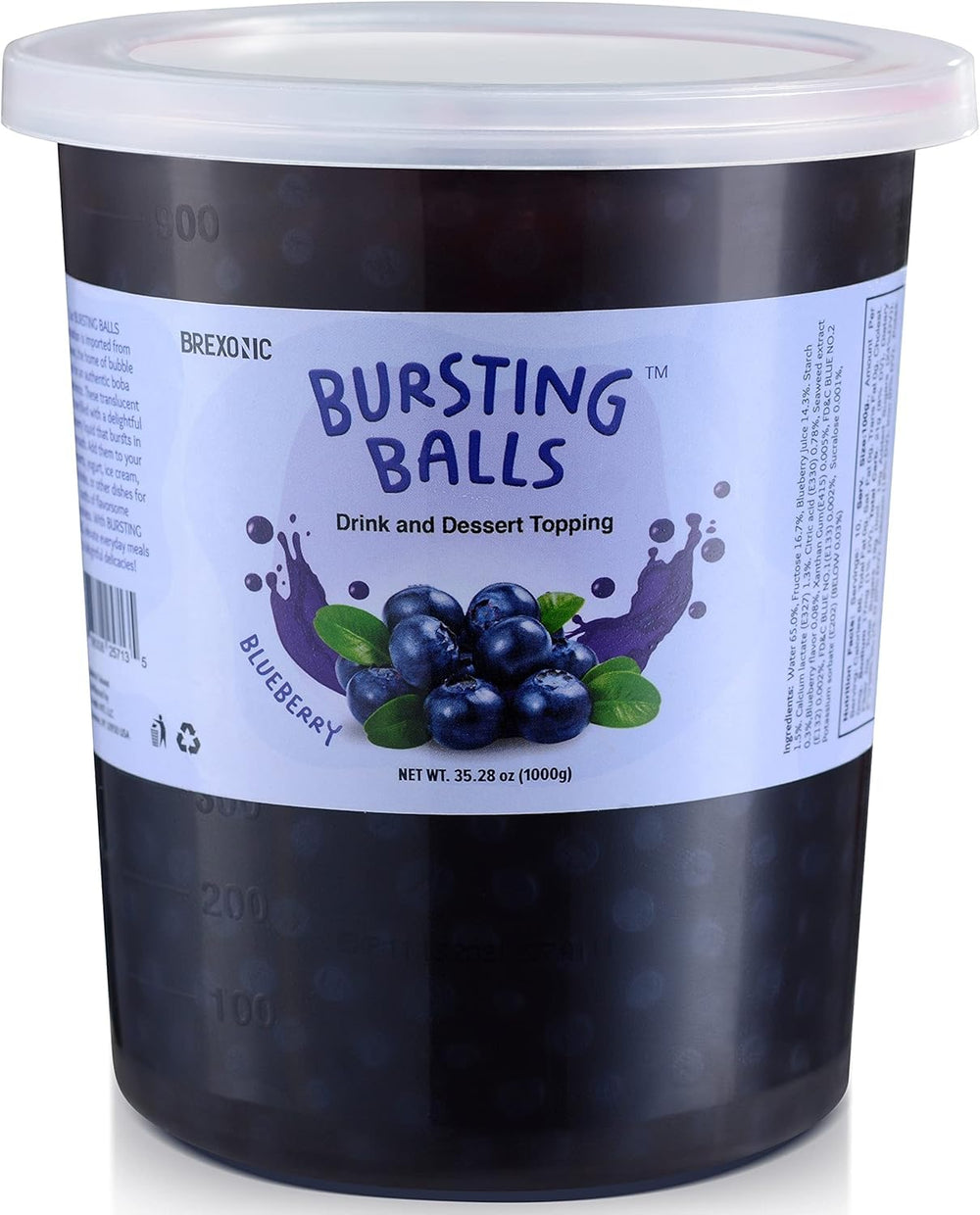 BREXONIC envase frontal mostrando perlas blueberry y almacenamiento práctico