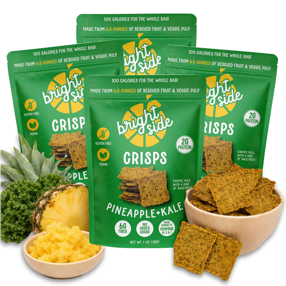BRIGHT SIDE paquete frontal de Pineapple & Kale Crisps mostrando tamaño y diseño